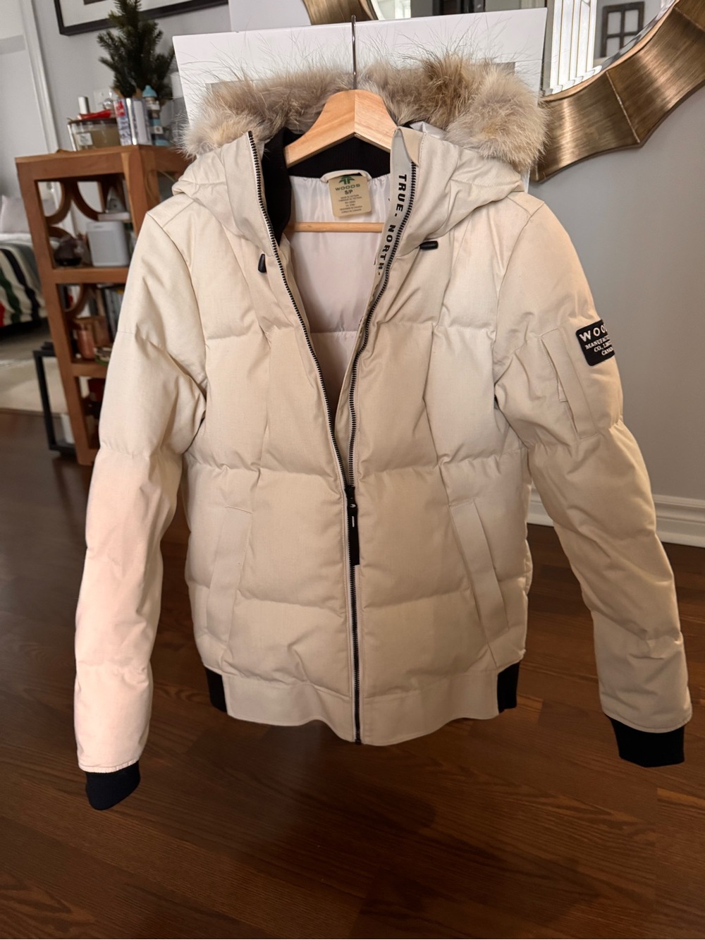 Woolrich Women's Cream Hooded Down Puffer with Faux Fur Trimmed Hood
